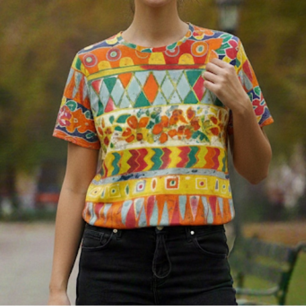 Vintage 90s Aesthetic Colorful Abstract Floral T-Shirt Retro Multi-Color Tee